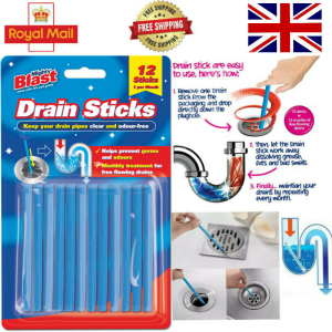 12 Pack Blast Drain Sticks Drain Cleaner Odour Remover Sink Bath Shower Kitchen