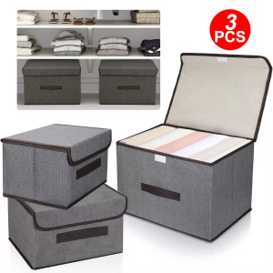 3Pcs Large Foldable Canvas Storage Boxes - Fabric Clothes Baskets with Lid for Home Organization