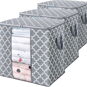 WISELIFE 3 Pack 100L Large Storage Bags for Blankets Clothes Bedding, Comforters, Foldable with Reinforced Handle, Clear Window, Sturdy Zippers, Light Gray